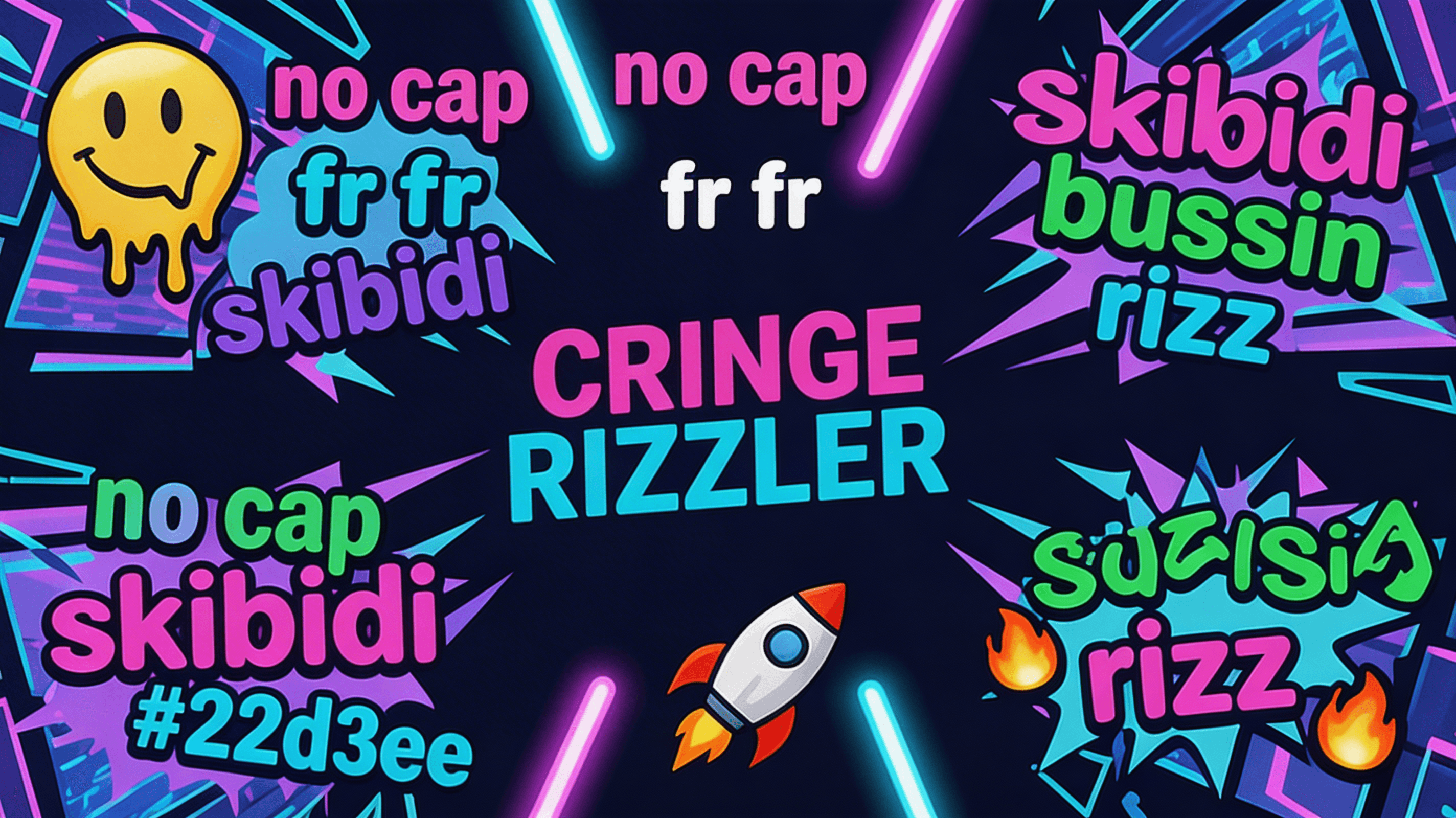 Explosion of colorful Gen Alpha slang words in graffiti fonts on dark background